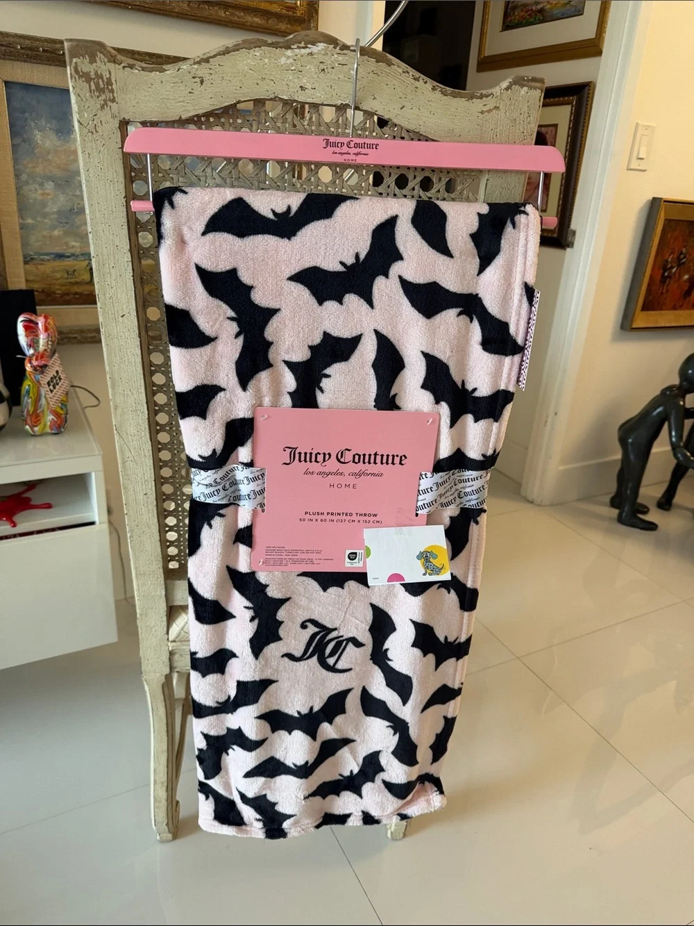 Juicy Couture Halloween Pink & Black Bat Print Plush Throw Blanket